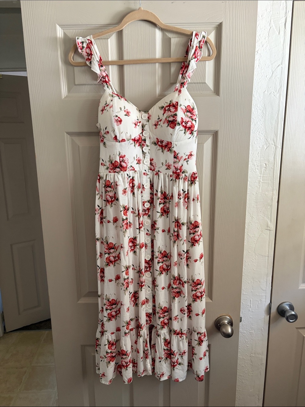 White Floral Midi Sundress with Ruffled Straps